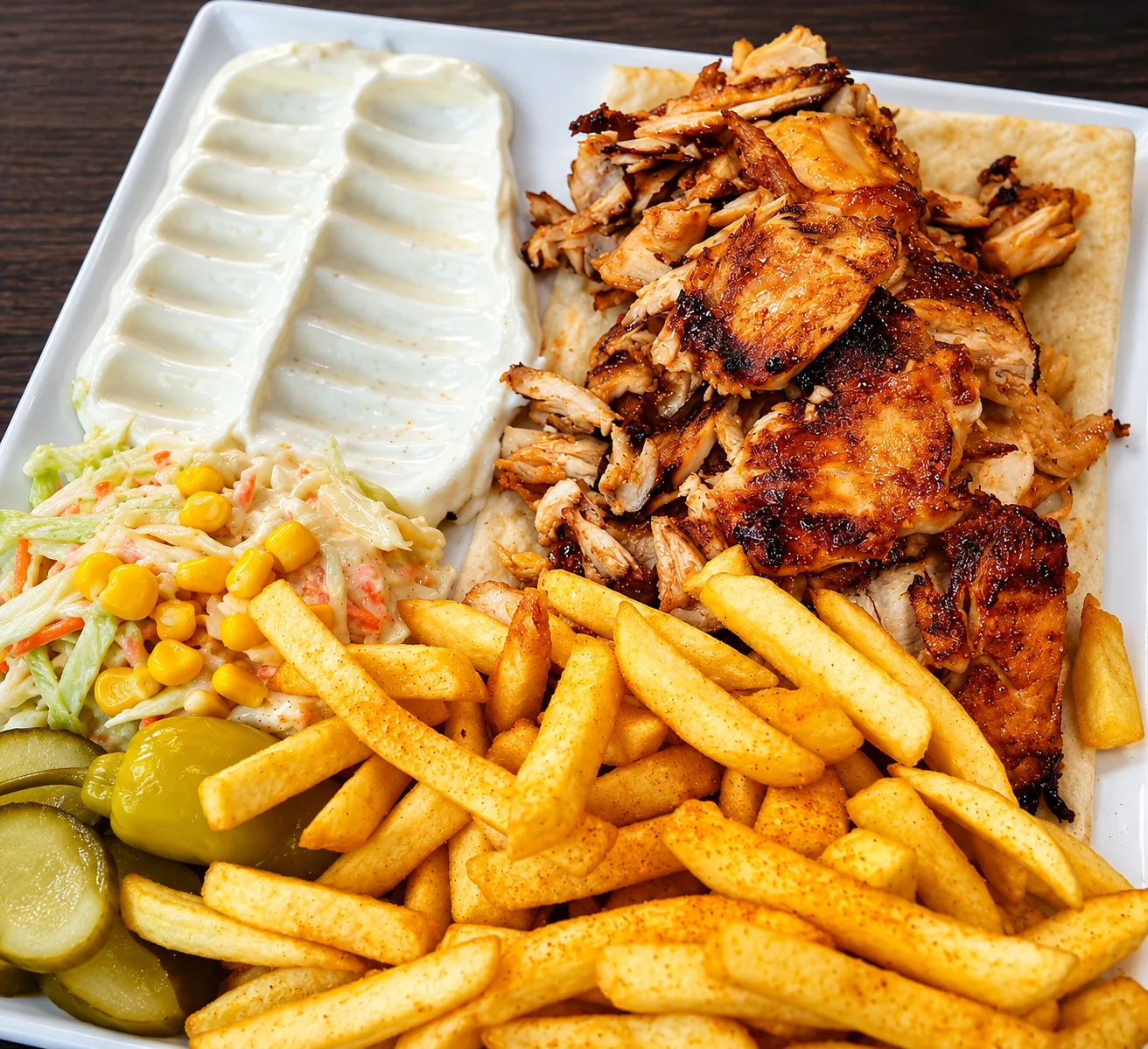Shawarma mit Pommes und Knoblauchsoße